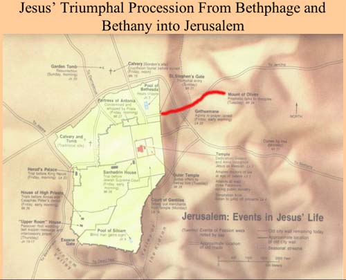Map charting Jesus' Trimuphal Procession from Bethphage and Bethany into Jerusalem.